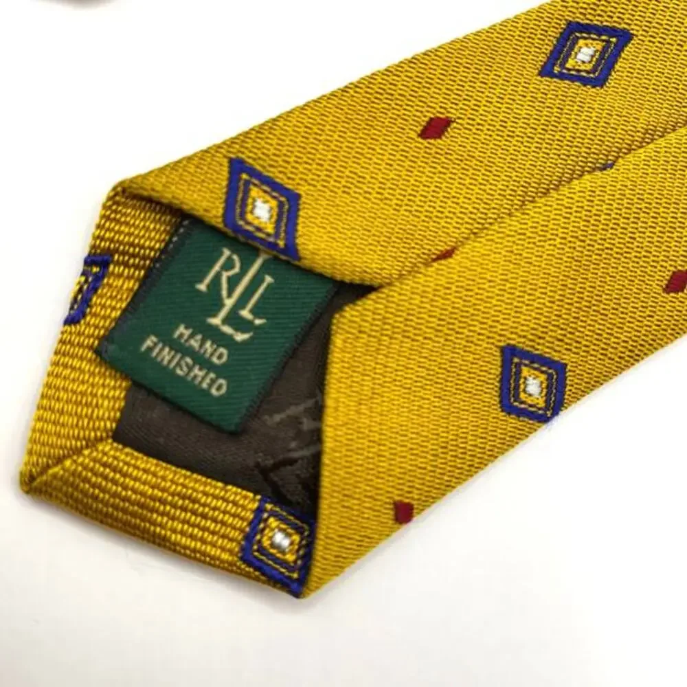 Vintage Lauren Ralph Lauren Men Silk Tie Necktie Mustard Gold Geometric USA Made